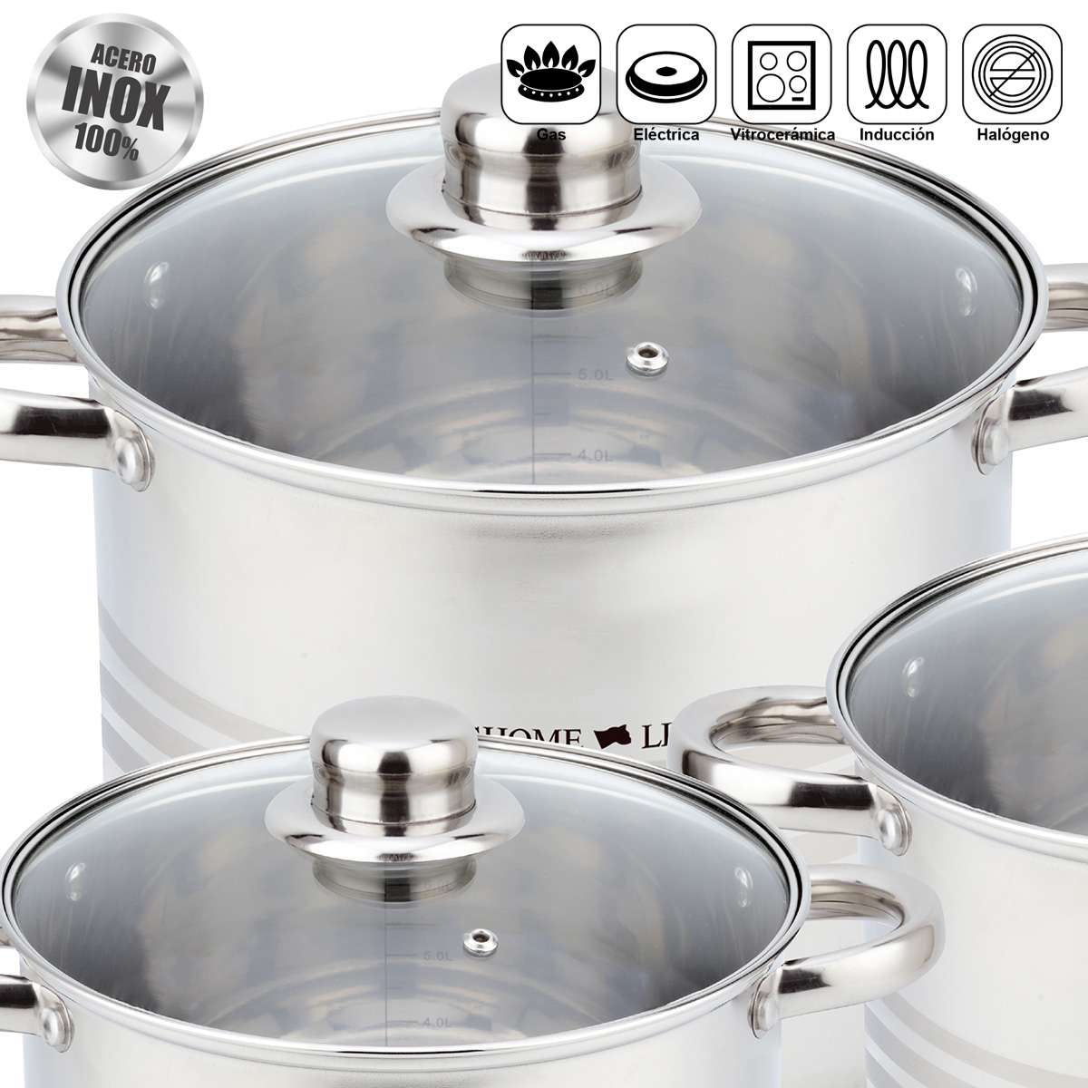 Juego de Ollas Almalux® 6 Piezas de Acero Inoxidable con Tapas, Apto para Inducción y Lavavajillas