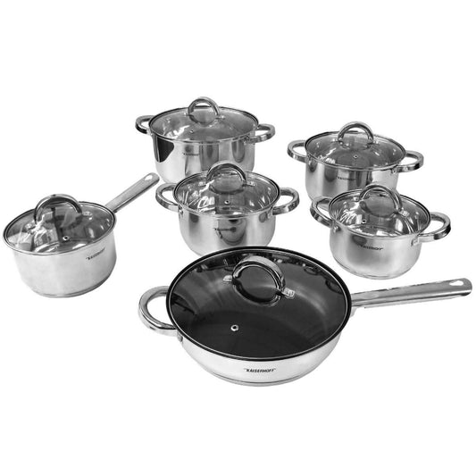 Batería de Cocina Almalux® 12 Piezas de Acero Inoxidable con Sartén Antiadherente, Tapas de Vidrio, Apta para Inducción y Lavavajillas