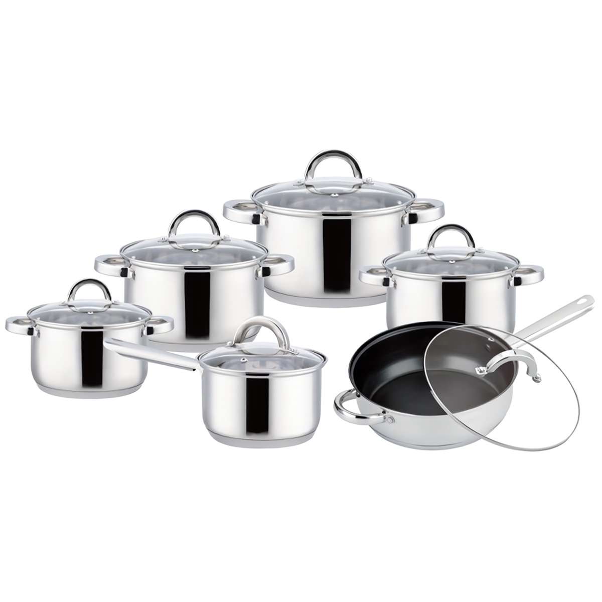 Batería de Cocina Almalux® 12 Piezas de Acero Inoxidable con Sartén Antiadherente, Tapas de Vidrio, Apta para Inducción y Lavavajillas