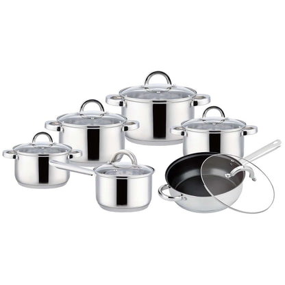 Batería de Cocina Almalux® 12 Piezas de Acero Inoxidable con Sartén Antiadherente, Tapas de Vidrio, Apta para Inducción y Lavavajillas