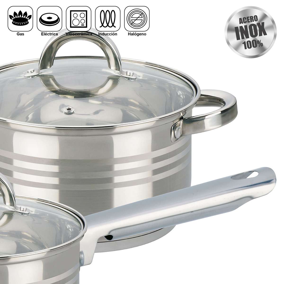 Set de Ollas Almalux® 8 Piezas de Acero Inoxidable con Tapas, Apto para Inducción y Lavavajillas