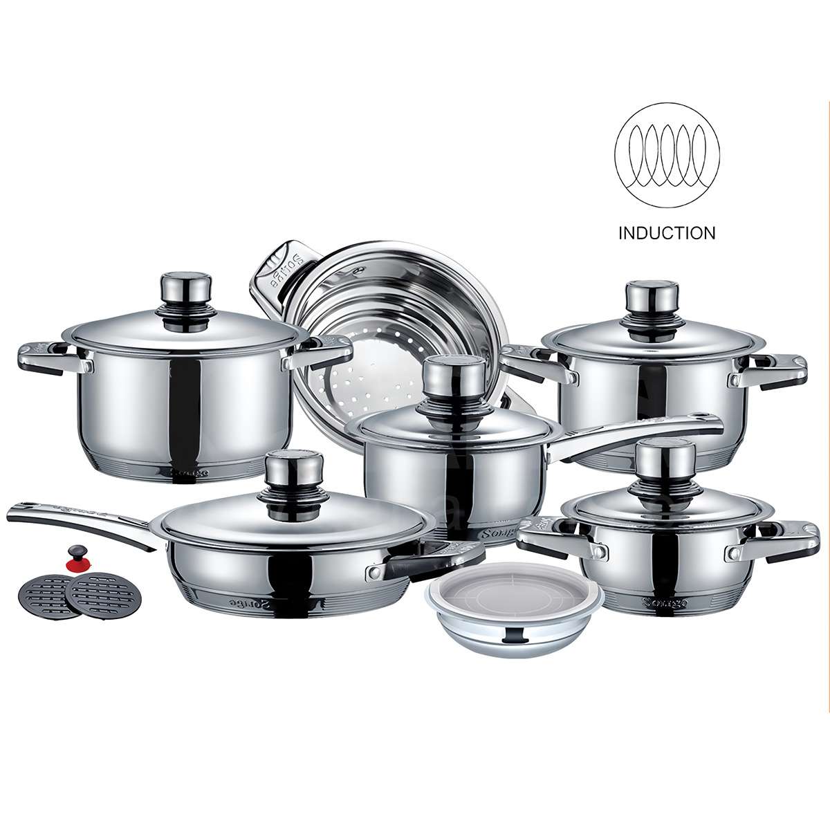 Batería de Cocina Almalux® de 16 piezas en Acero Inoxidable compatible con inducción
