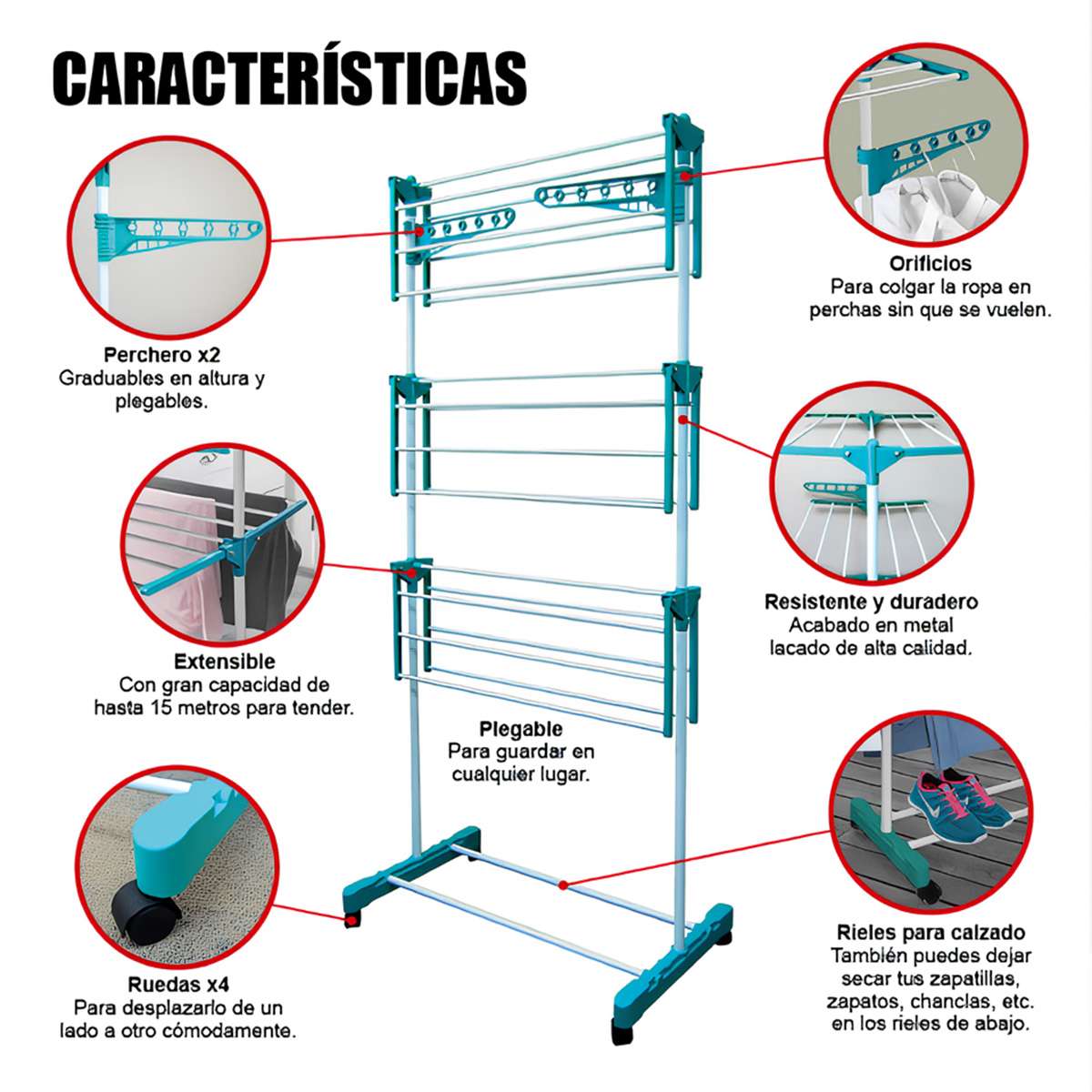 Tendedero Vertical Almalux® de 3 Alturas Abatible Lujo