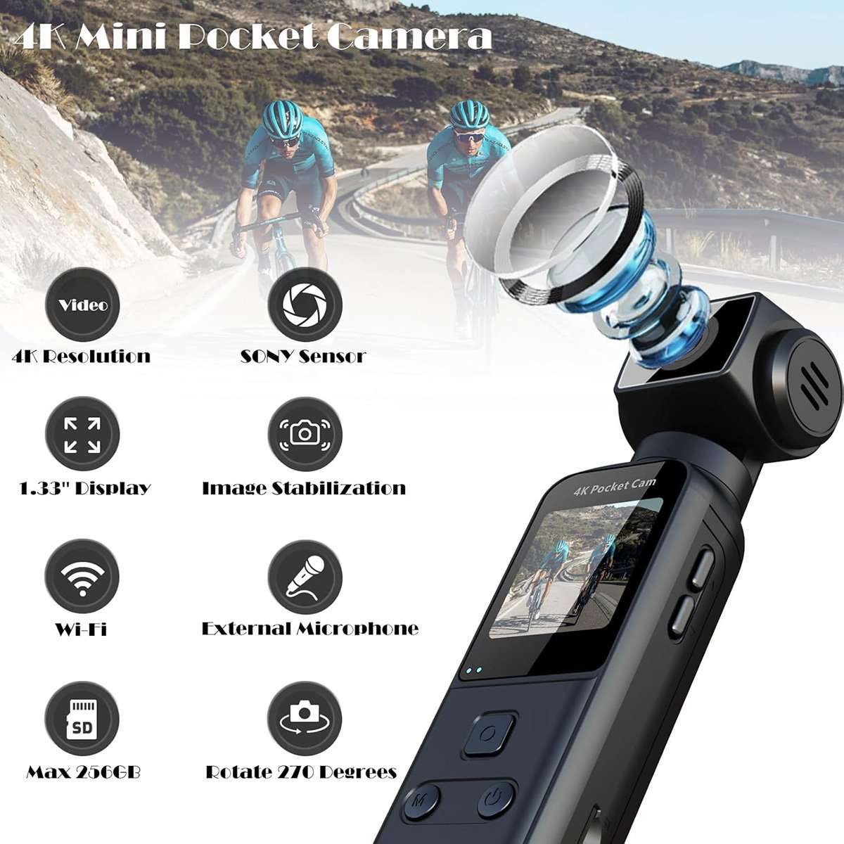Cámara Corporal 4K Almalux® con Micrófono Externo – Rotación 270°, Estabilización de Imagen, WiFi y Grabación Ultra HD
