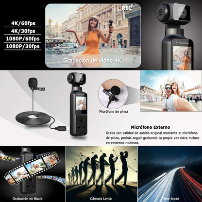 Cámara Corporal 4K Almalux® con Micrófono Externo – Rotación 270°, Estabilización de Imagen, WiFi y Grabación Ultra HD