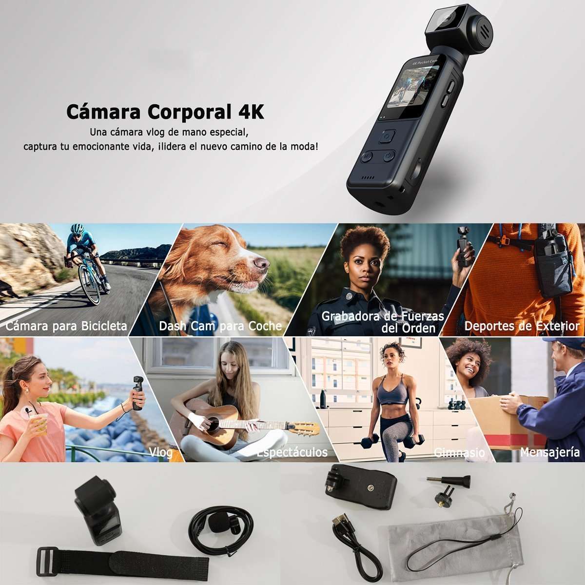 Cámara Corporal 4K Almalux® con Micrófono Externo – Rotación 270°, Estabilización de Imagen, WiFi y Grabación Ultra HD