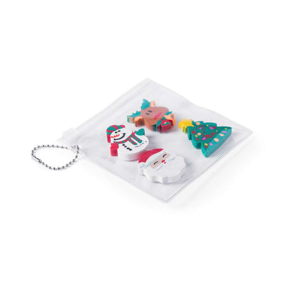 Set de gomas de borrar navideñas con cadenita y bolsa cierre zipper