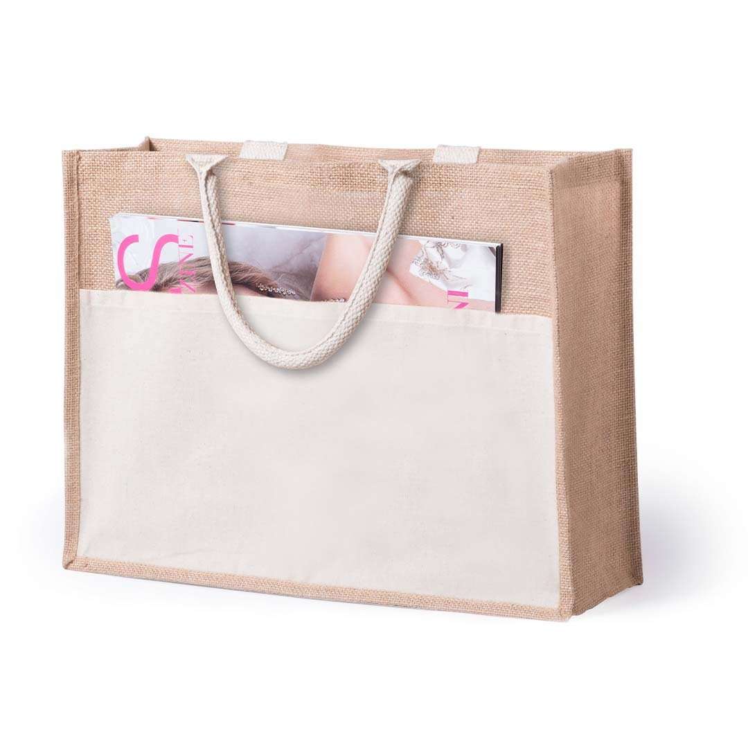 Bolsa de yute con bolsillo frontal y asas reforzadas blanca