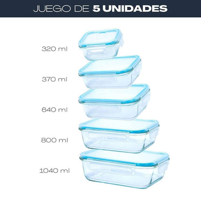 Set de Recipientes Herméticos Almalux® – 5 Piezas de Cristal Borosilicato | Apto para Horno, Microondas y Congelador | Libre de BPA