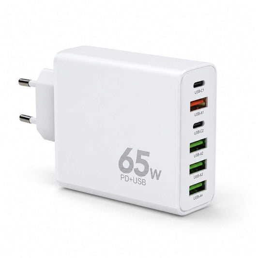Cargador Almalux® 65W Multipuerto con 2 USB-C y 4 USB-A, Enchufe o, Carga rápida
