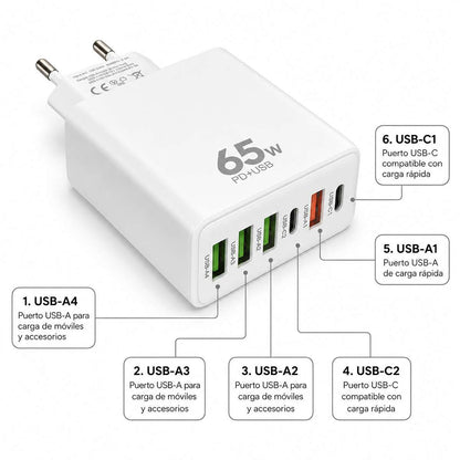 Cargador Almalux® 65W Multipuerto con 2 USB-C y 4 USB-A, Enchufe o, Carga rápida