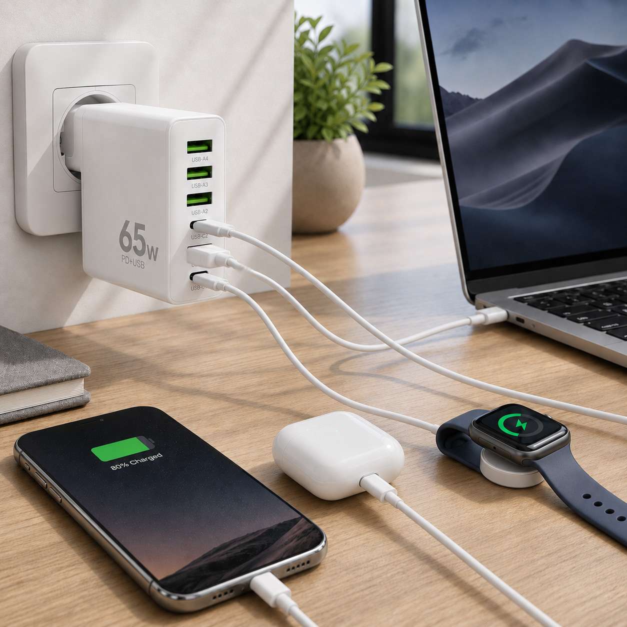 Cargador Almalux® 65W Multipuerto con 2 USB-C y 4 USB-A, Enchufe o, Carga rápida