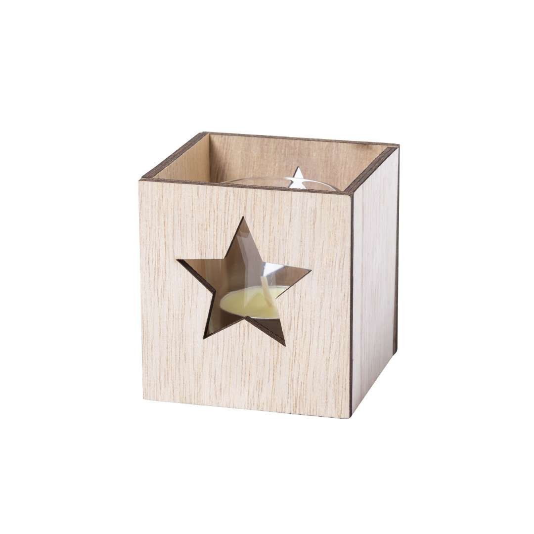 Vela aromática navideña de vainilla en cristal con caja de madera