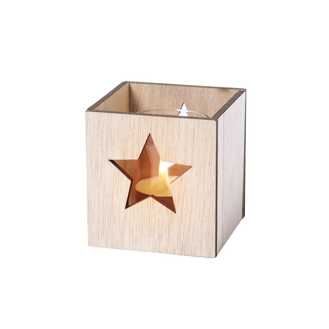 Vela aromática navideña de vainilla en cristal con caja de madera