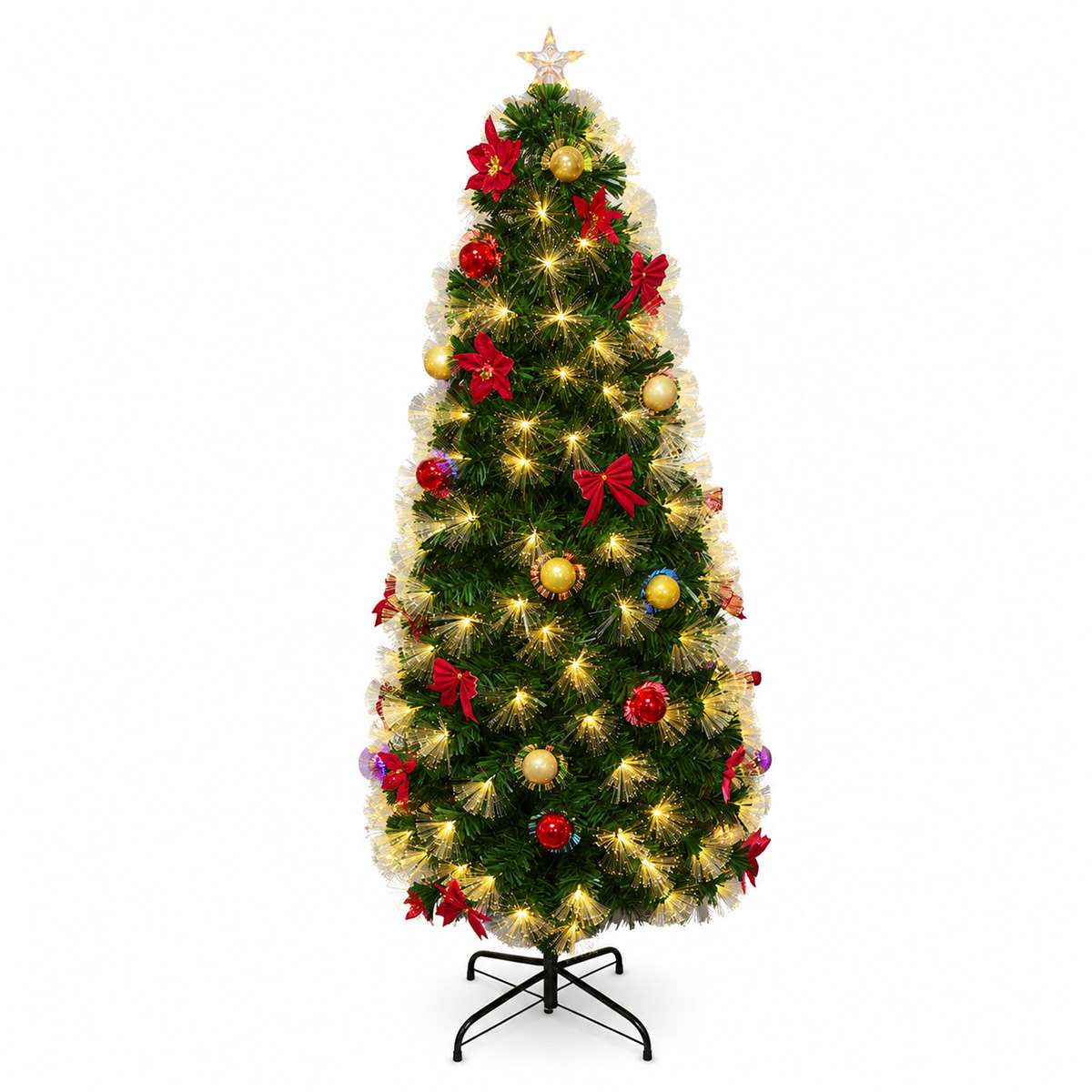 Árbol de Navidad Decorado con Luz Integrada de Fibra Óptica – Árbol Navideño Artificial con Iluminación y Base Estable