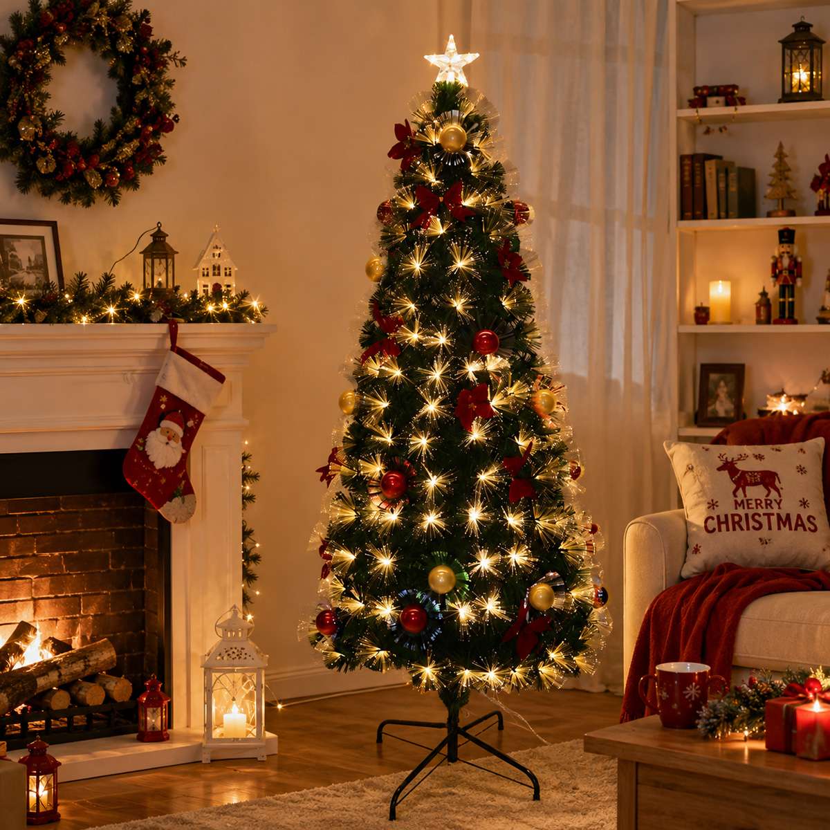 Árbol de Navidad Decorado con Luz Integrada de Fibra Óptica – Árbol Navideño Artificial con Iluminación y Base Estable