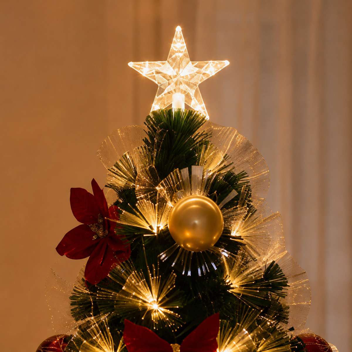 Árbol de Navidad Decorado con Luz Integrada de Fibra Óptica – Árbol Navideño Artificial con Iluminación y Base Estable