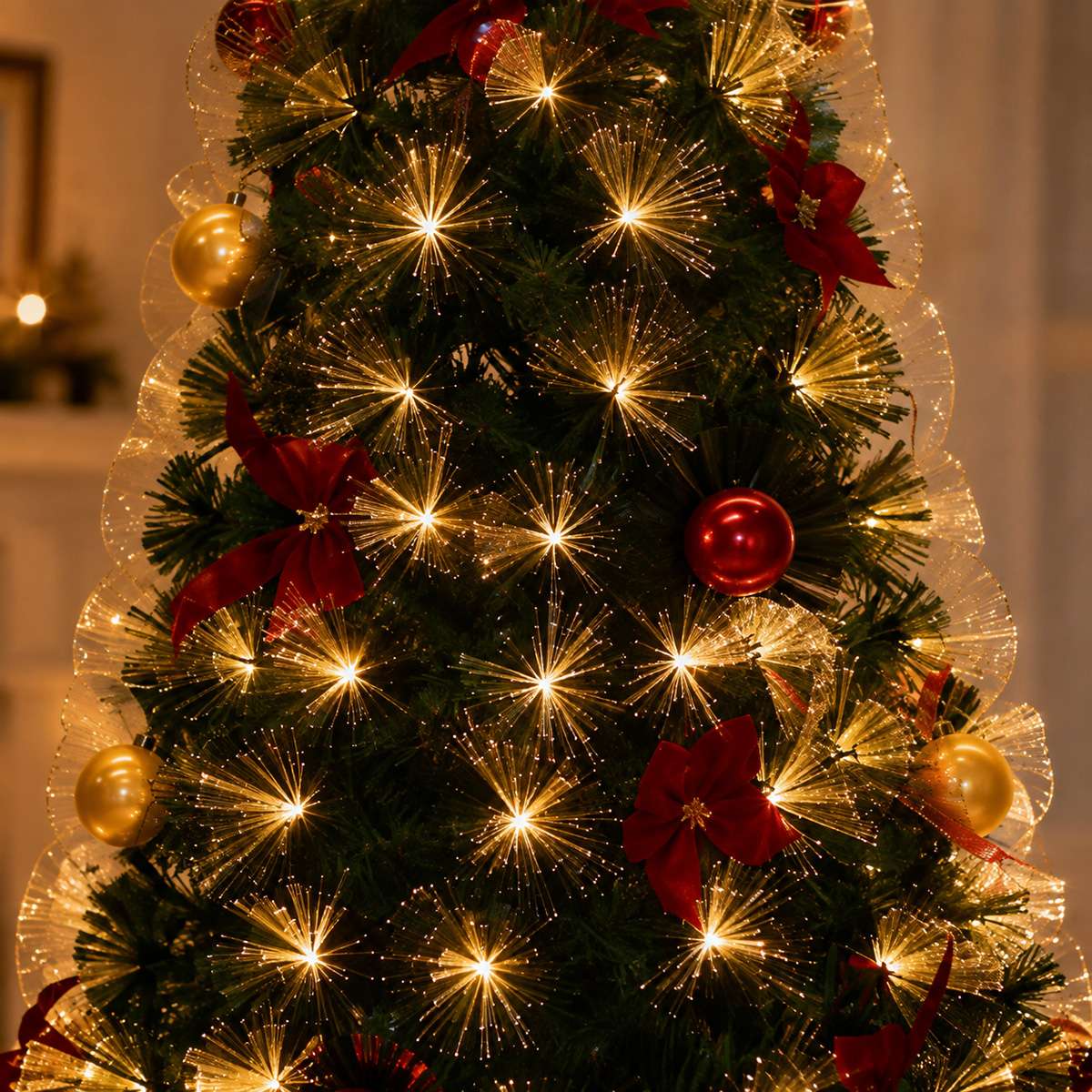 Árbol de Navidad Decorado con Luz Integrada de Fibra Óptica – Árbol Navideño Artificial con Iluminación y Base Estable