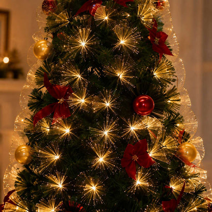 Árbol de Navidad Decorado con Luz Integrada de Fibra Óptica – Árbol Navideño Artificial con Iluminación y Base Estable
