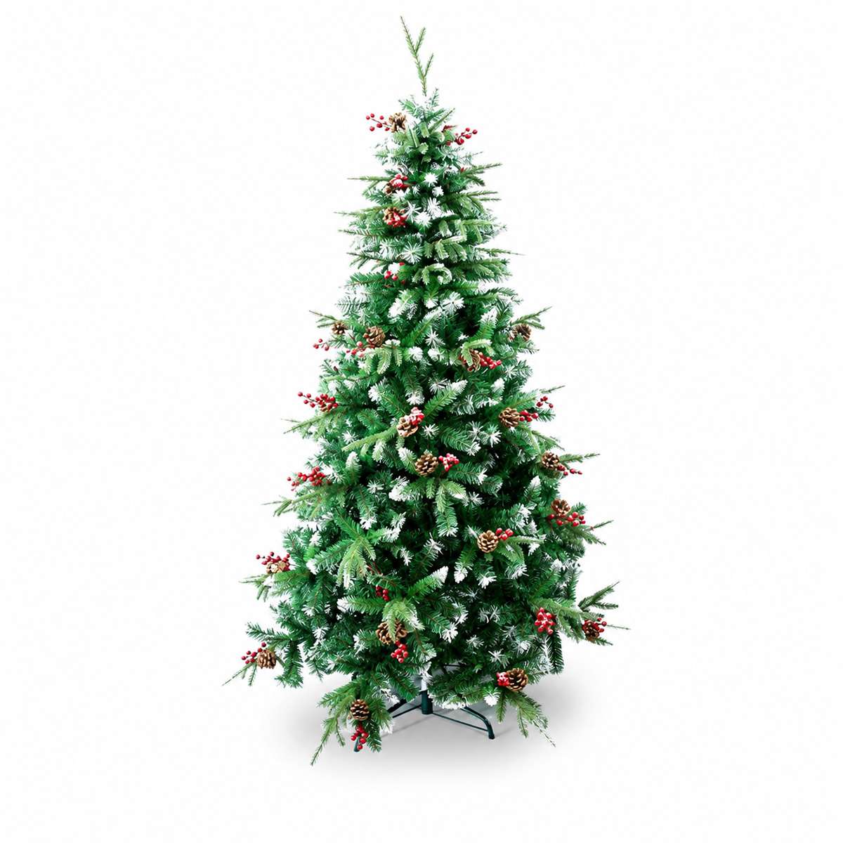 Árbol de Navidad Artificial Decorado con Efecto Nevado, Piñas y Bayas – Árbol Navideño Frondoso con Base