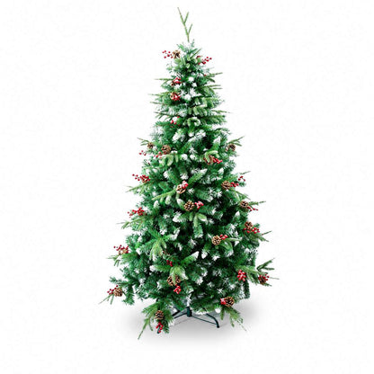 Árbol de Navidad Artificial Decorado con Efecto Nevado, Piñas y Bayas – Árbol Navideño Frondoso con Base