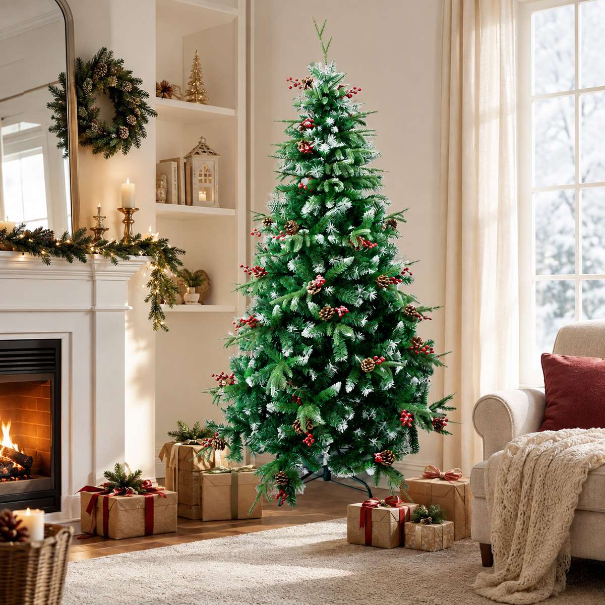 Árbol de Navidad Artificial Decorado con Efecto Nevado, Piñas y Bayas – Árbol Navideño Frondoso con Base