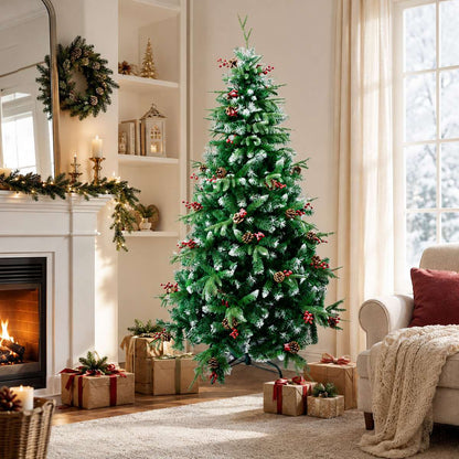 Árbol de Navidad Artificial Decorado con Efecto Nevado, Piñas y Bayas – Árbol Navideño Frondoso con Base