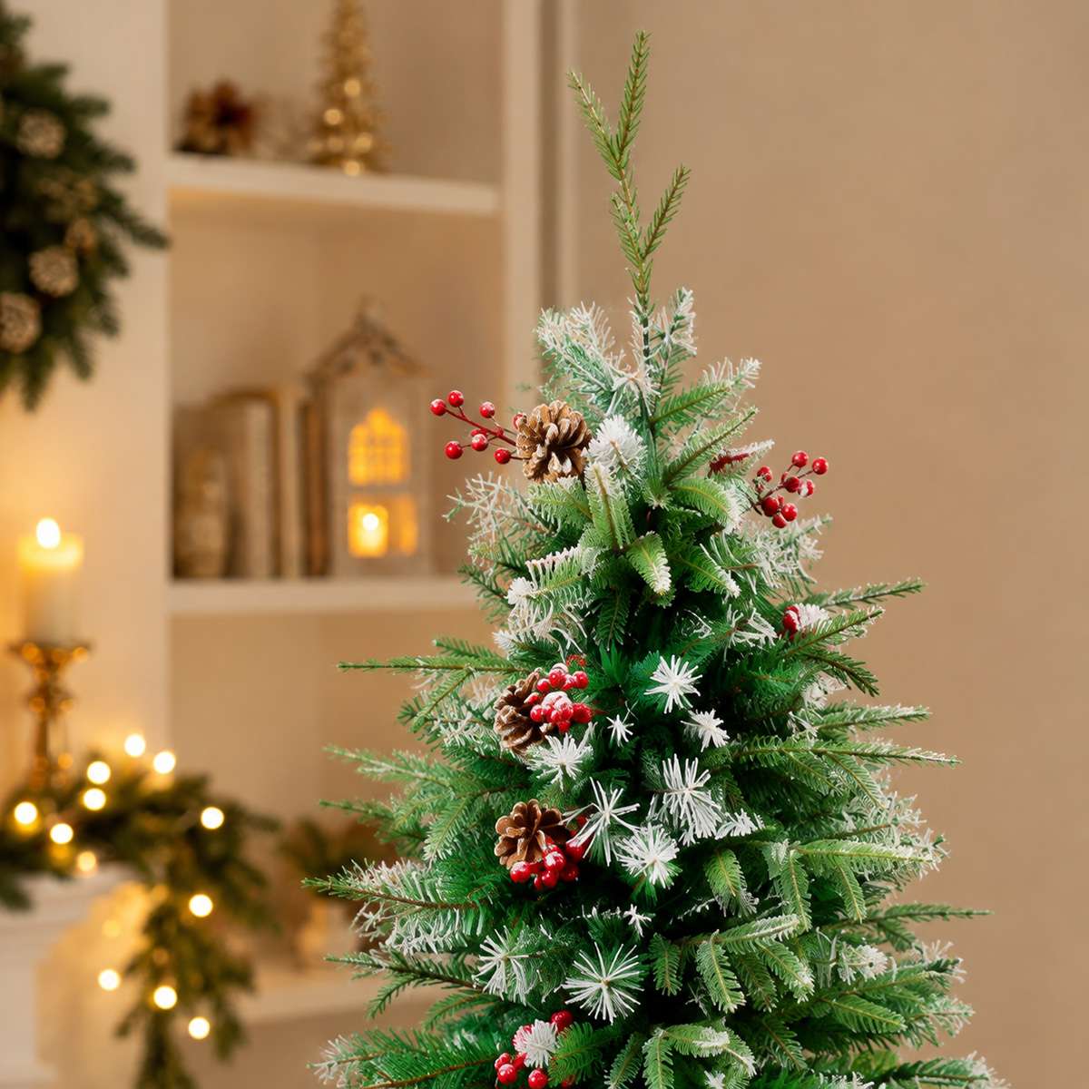 Árbol de Navidad Artificial Decorado con Efecto Nevado, Piñas y Bayas – Árbol Navideño Frondoso con Base