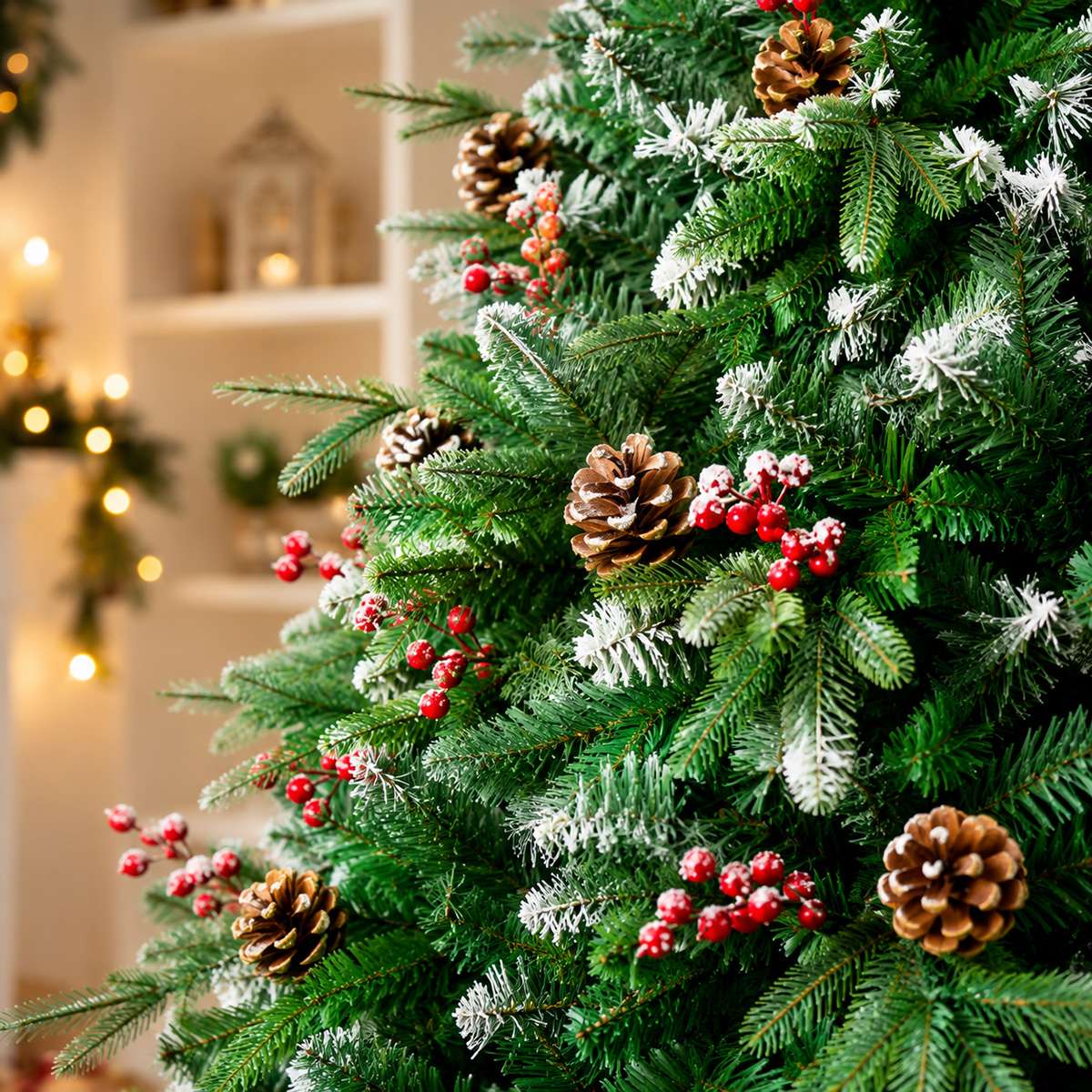 Árbol de Navidad Artificial Decorado con Efecto Nevado, Piñas y Bayas – Árbol Navideño Frondoso con Base