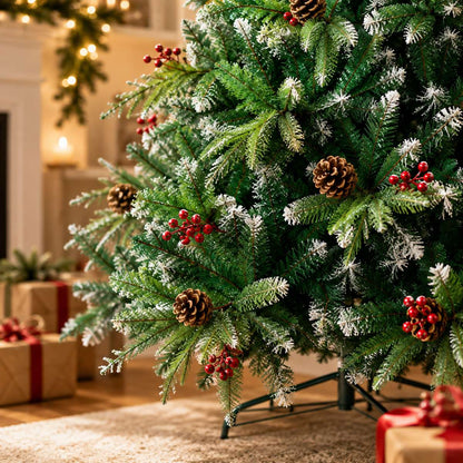 Árbol de Navidad Artificial Decorado con Efecto Nevado, Piñas y Bayas – Árbol Navideño Frondoso con Base