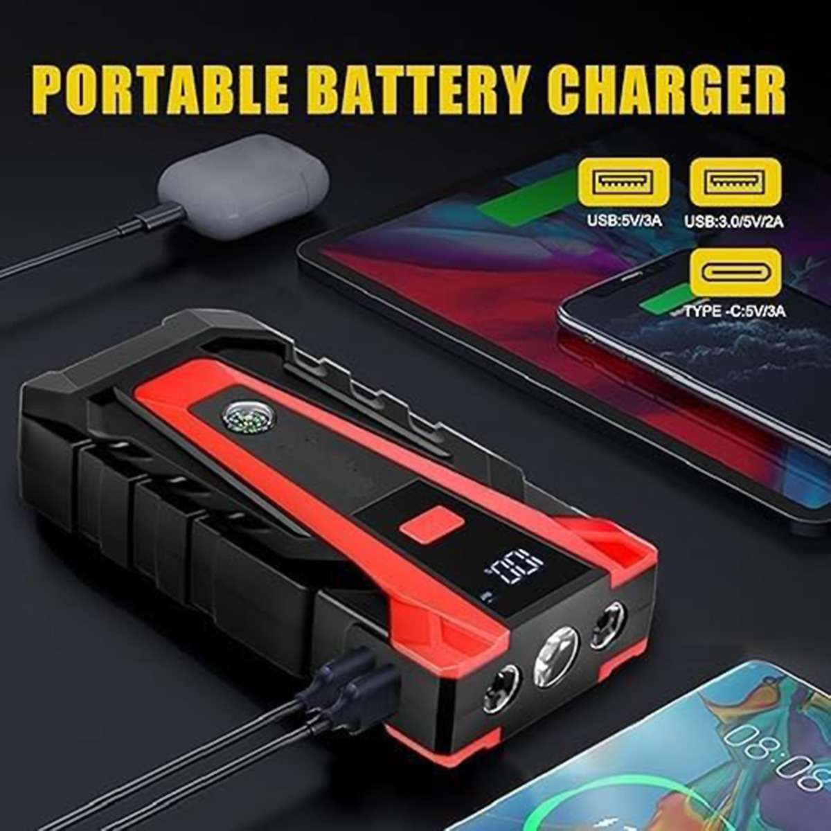 Arrancador de Batería Almalux® 12V 14000 mAh con Pinzas Inteligentes, Power Bank USB, Linterna LED SOS y Estuche