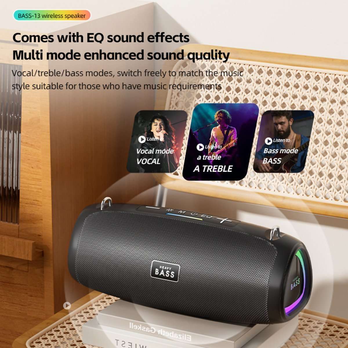 Altavoz Bluetooth portátil Almalux® BASS-13 de 30W con subwoofer y luces LED RGB