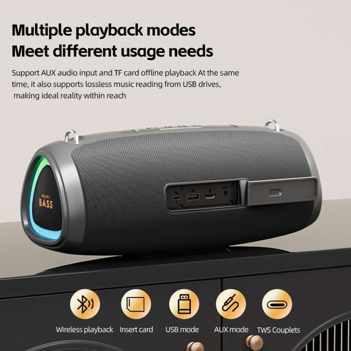 Altavoz Bluetooth portátil Almalux® BASS-13 de 30W con subwoofer y luces LED RGB