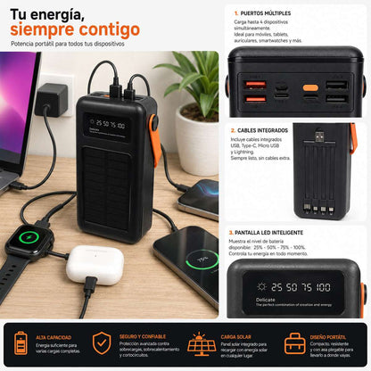 PowerBank Solar 50000 mAh Almalux® con Cables Integrados, Luz LED y 4 Puertos USB – Batería Externa Portátil de Alta Capacidad