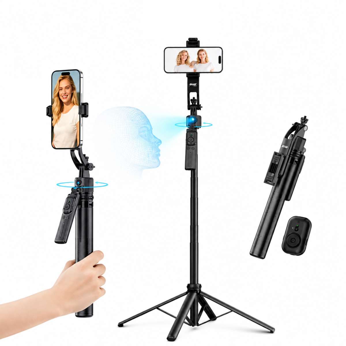Trípode Palo Selfie Almalux® con Seguimiento Facial IA 360° - Cuadrípode Extensible de 1,8m con Control Remoto Inalámbrico, 4 Patas Metálicas Estables y Soporte Giratorio para Móvil y Cámara