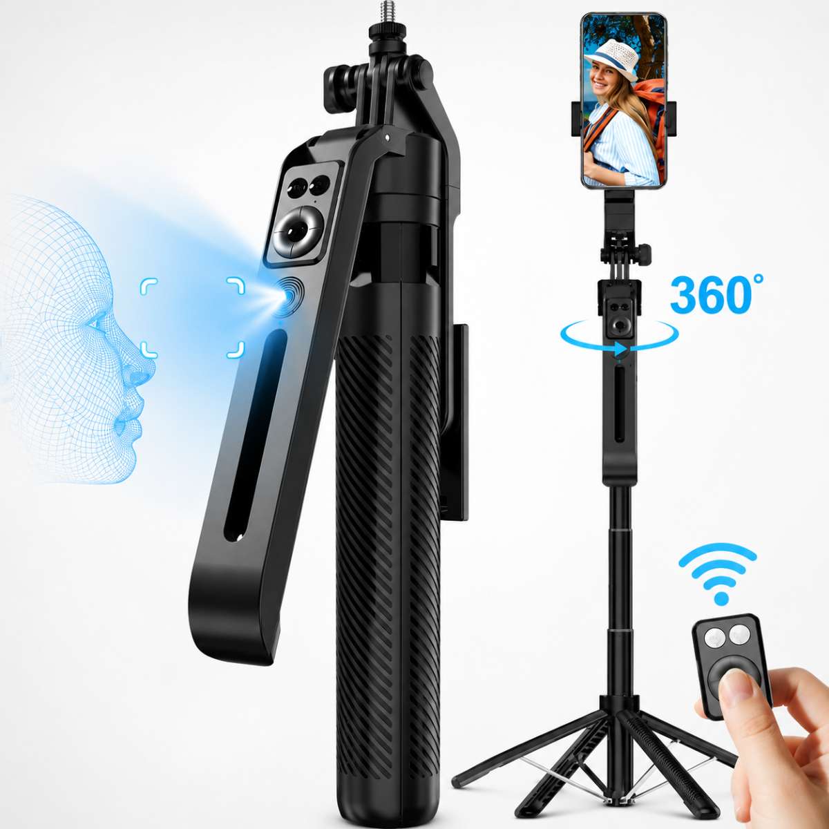 Trípode Palo Selfie Almalux® con Seguimiento Facial IA 360° - Cuadrípode Extensible de 1,8m con Control Remoto Inalámbrico, 4 Patas Metálicas Estables y Soporte Giratorio para Móvil y Cámara