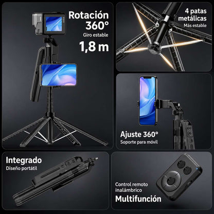 Trípode Palo Selfie Almalux® con Seguimiento Facial IA 360° - Cuadrípode Extensible de 1,8m con Control Remoto Inalámbrico, 4 Patas Metálicas Estables y Soporte Giratorio para Móvil y Cámara