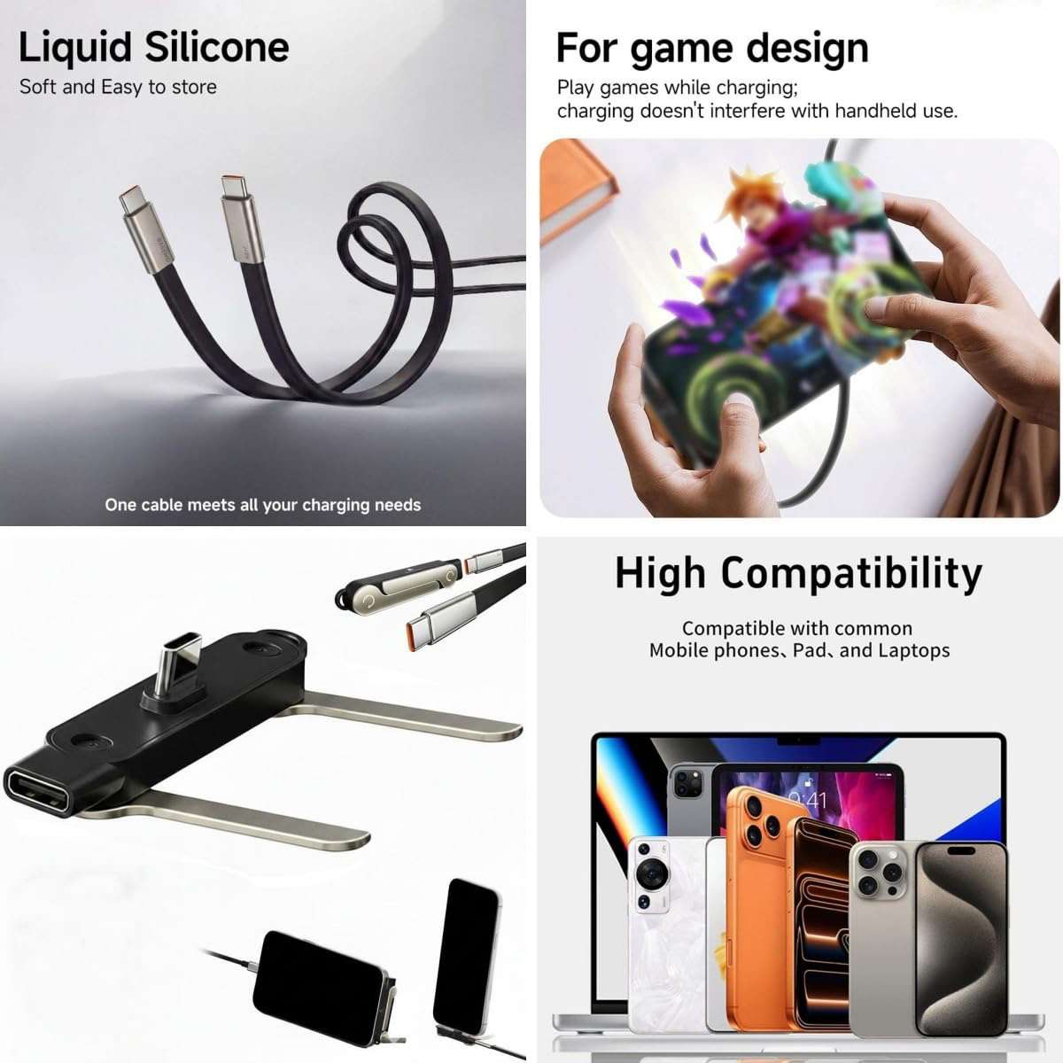 Cable USB-C a USB-C 2 en 1 Almalux® 240W con soporte invisible integrado, adaptador desmontable y carga rápida PD
