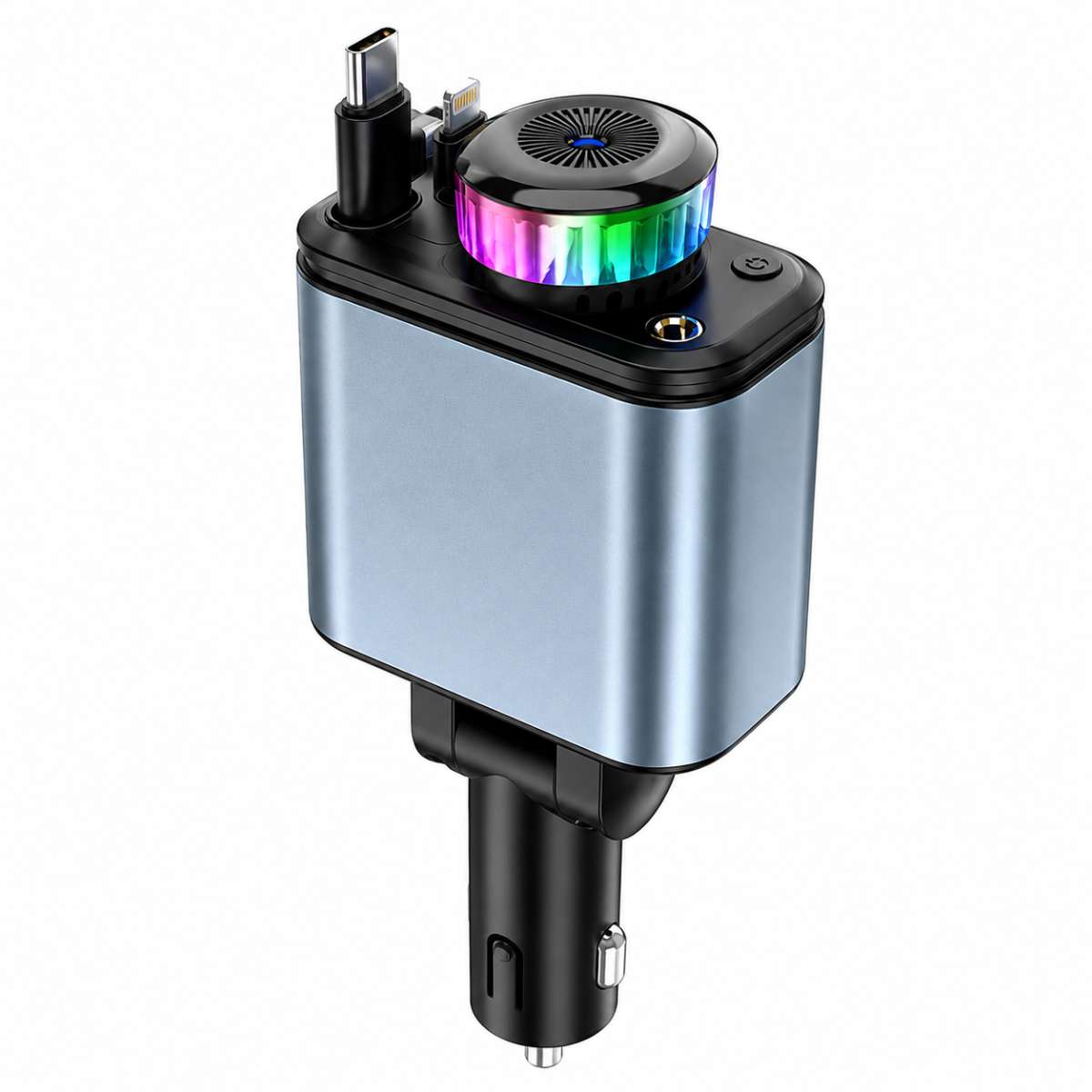 Cargador de Coche Almalux® Rápido 180W con Difusor de Aroma, Luz Ambiente y Cables Retráctiles USB-C/Lightning – Cargador Mechero 12V-24V para Móvil y Camión