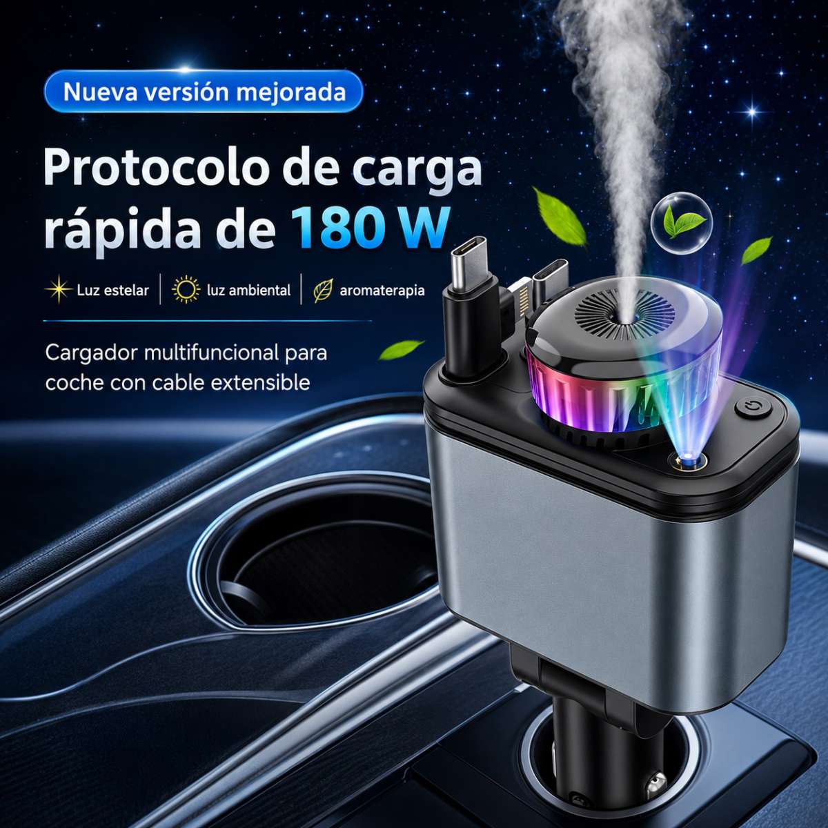 Cargador de Coche Almalux® Rápido 180W con Difusor de Aroma, Luz Ambiente y Cables Retráctiles USB-C/Lightning – Cargador Mechero 12V-24V para Móvil y Camión