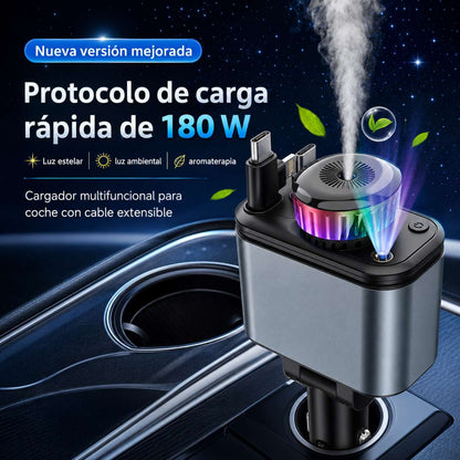 Cargador de Coche Almalux® Rápido 180W con Difusor de Aroma, Luz Ambiente y Cables Retráctiles USB-C/Lightning – Cargador Mechero 12V-24V para Móvil y Camión