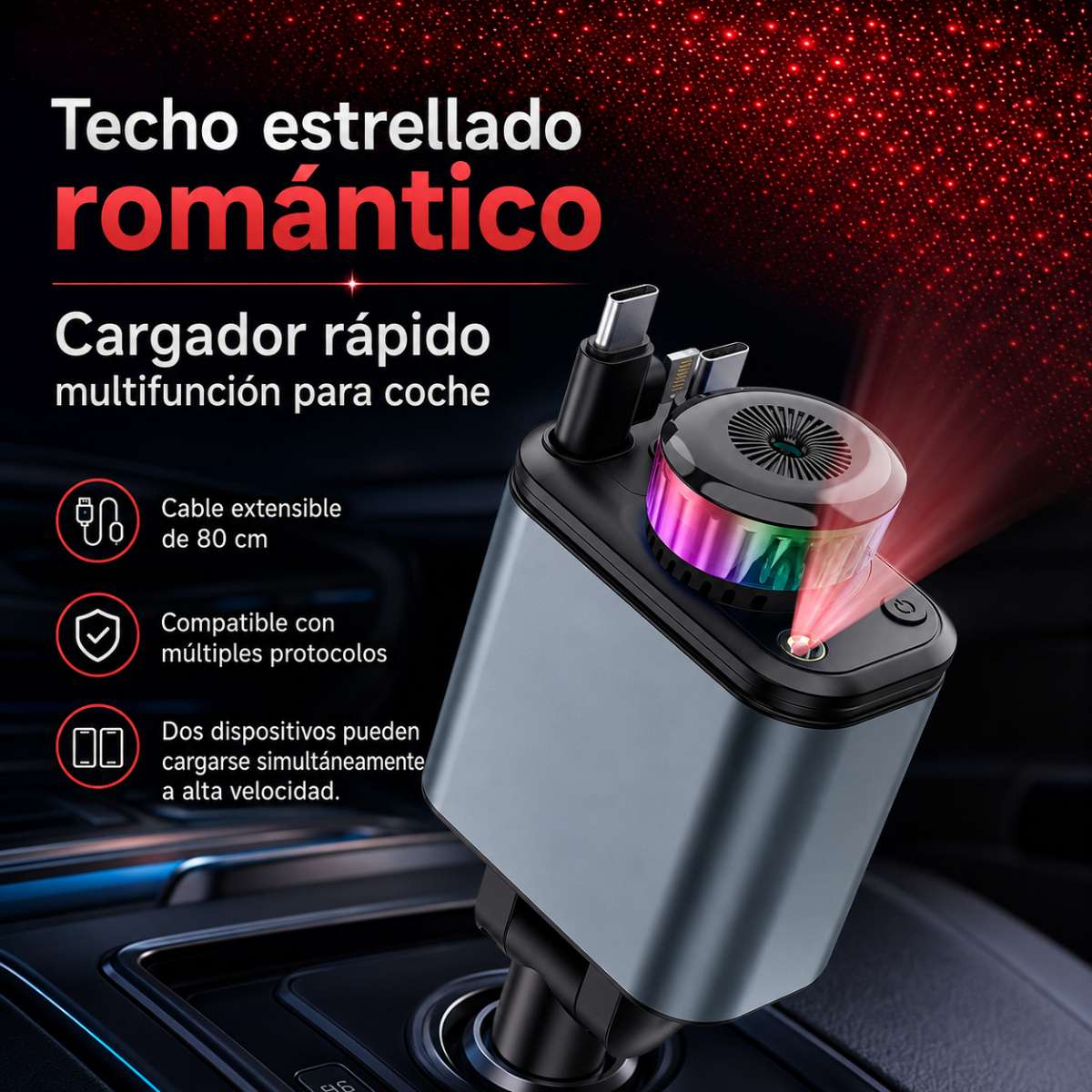 Cargador de Coche Almalux® Rápido 180W con Difusor de Aroma, Luz Ambiente y Cables Retráctiles USB-C/Lightning – Cargador Mechero 12V-24V para Móvil y Camión