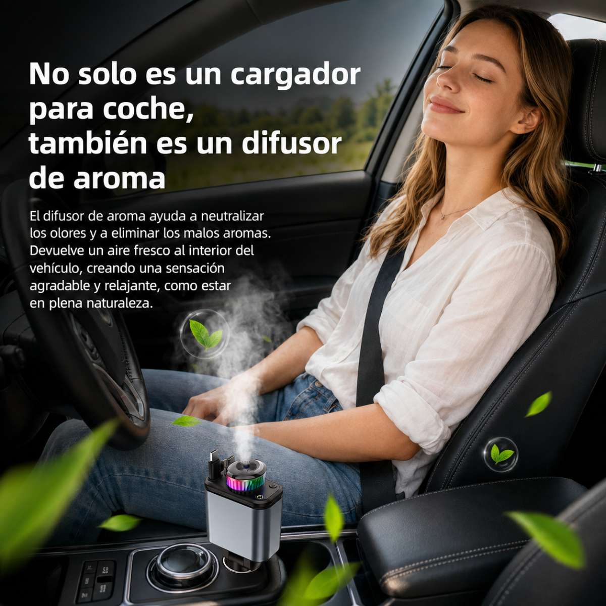 Cargador de Coche Almalux® Rápido 180W con Difusor de Aroma, Luz Ambiente y Cables Retráctiles USB-C/Lightning – Cargador Mechero 12V-24V para Móvil y Camión
