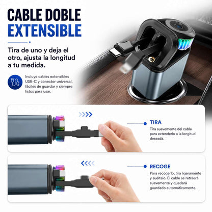 Cargador de Coche Almalux® Rápido 180W con Difusor de Aroma, Luz Ambiente y Cables Retráctiles USB-C/Lightning – Cargador Mechero 12V-24V para Móvil y Camión