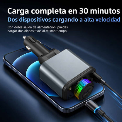 Cargador de Coche Almalux® Rápido 180W con Difusor de Aroma, Luz Ambiente y Cables Retráctiles USB-C/Lightning – Cargador Mechero 12V-24V para Móvil y Camión