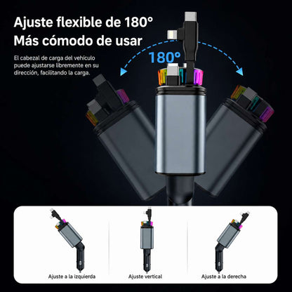 Cargador de Coche Almalux® Rápido 180W con Difusor de Aroma, Luz Ambiente y Cables Retráctiles USB-C/Lightning – Cargador Mechero 12V-24V para Móvil y Camión
