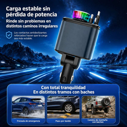 Cargador de Coche Almalux® Rápido 180W con Difusor de Aroma, Luz Ambiente y Cables Retráctiles USB-C/Lightning – Cargador Mechero 12V-24V para Móvil y Camión