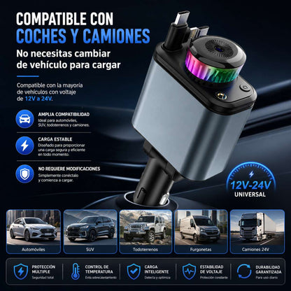Cargador de Coche Almalux® Rápido 180W con Difusor de Aroma, Luz Ambiente y Cables Retráctiles USB-C/Lightning – Cargador Mechero 12V-24V para Móvil y Camión