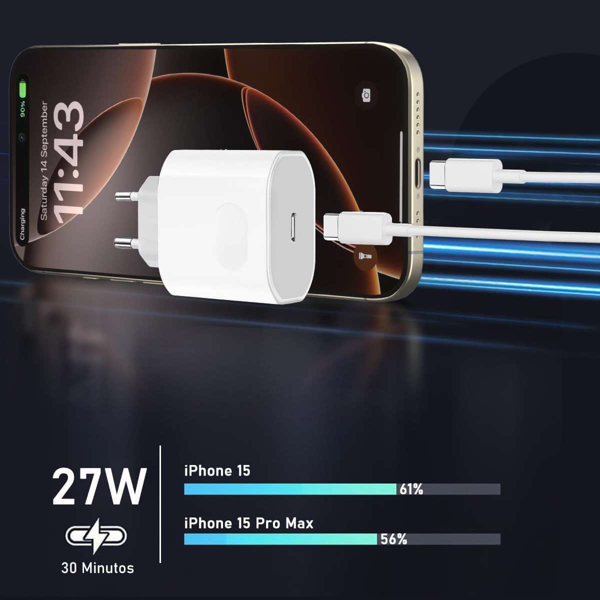 Cargador Carga rápida Almalux® con cable USB Tipo C trenzado compatible iPhone 15/16