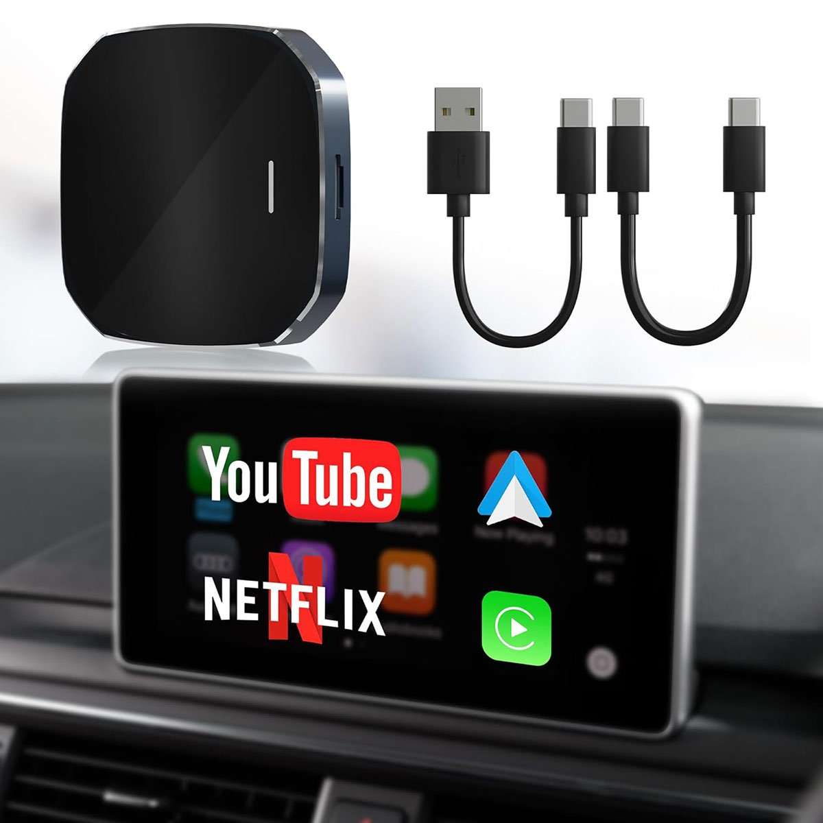 Adaptador inalámbrico Almalux® Mini CarPlay Box 2025 – CarPlay y Android Auto sin cables | Streaming con Netflix y YouTube | Plug & Play